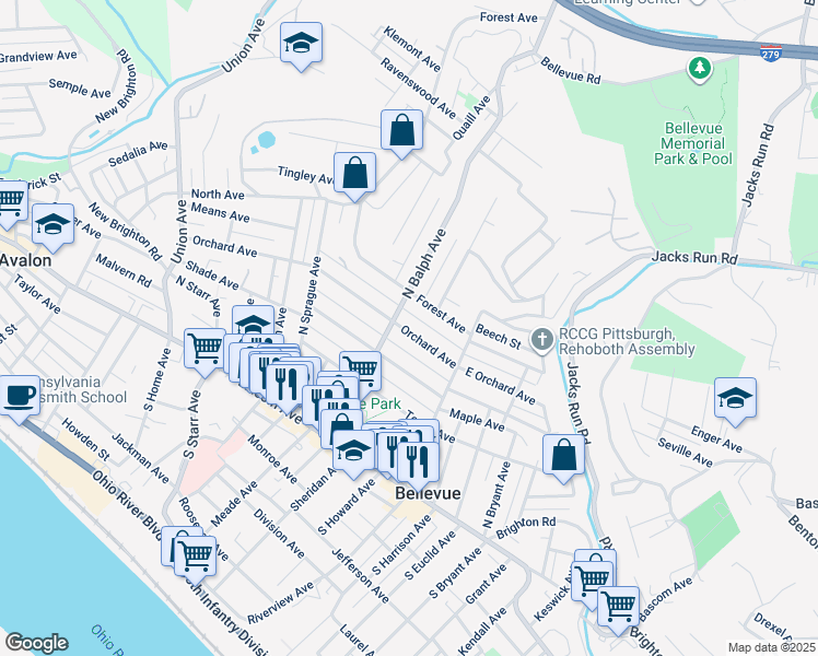 map of restaurants, bars, coffee shops, grocery stores, and more near 444 Orchard Avenue in Bellevue