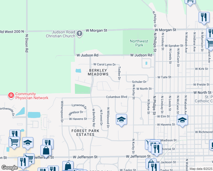 map of restaurants, bars, coffee shops, grocery stores, and more near 1718 Kensington on Berkley in Kokomo