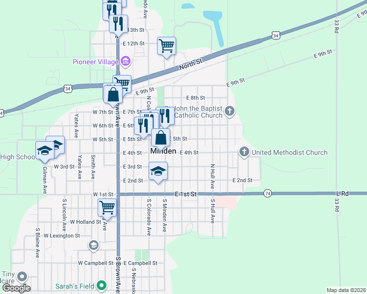 map of restaurants, bars, coffee shops, grocery stores, and more near 514 East 4th Street in Minden