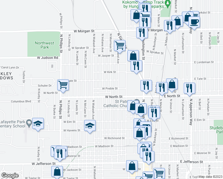 map of restaurants, bars, coffee shops, grocery stores, and more near 1322 North Morrison Street in Kokomo