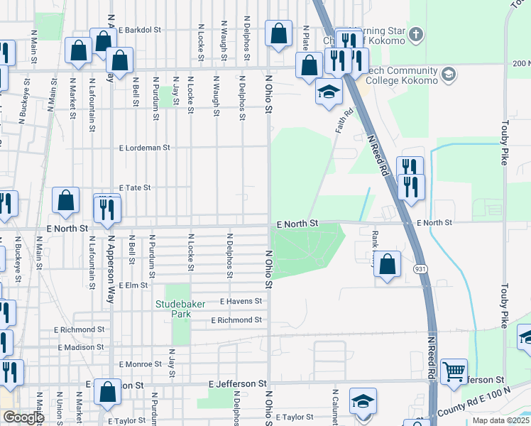 map of restaurants, bars, coffee shops, grocery stores, and more near 1311 North Ohio Street in Kokomo
