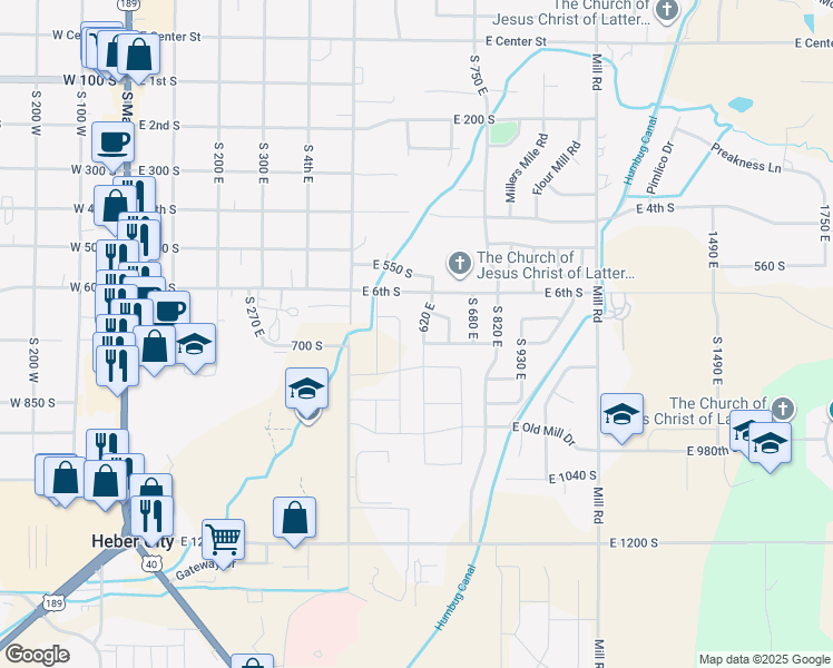 map of restaurants, bars, coffee shops, grocery stores, and more near 658 South 620 East in Heber City