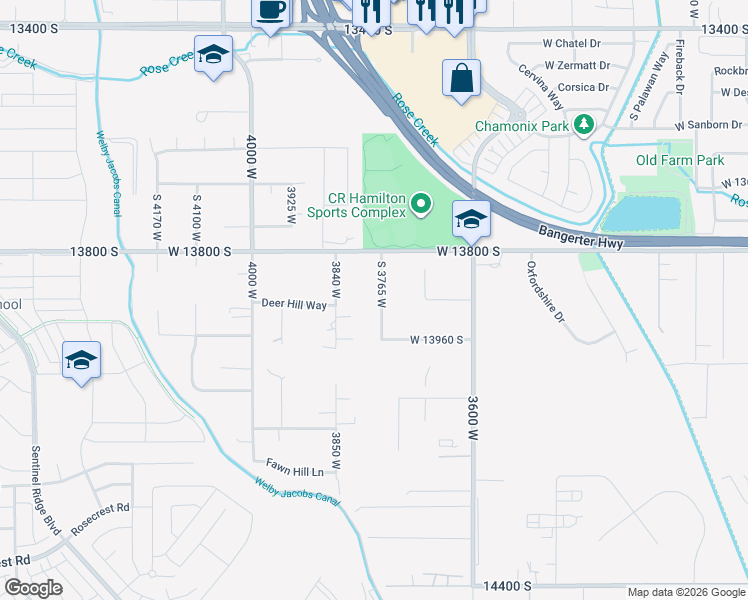 map of restaurants, bars, coffee shops, grocery stores, and more near 13918 West Wasatch Vista Drive in Riverton