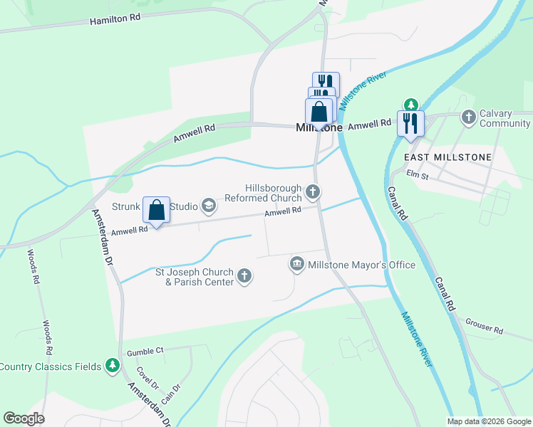 map of restaurants, bars, coffee shops, grocery stores, and more near 48 Amwell Road in Millstone