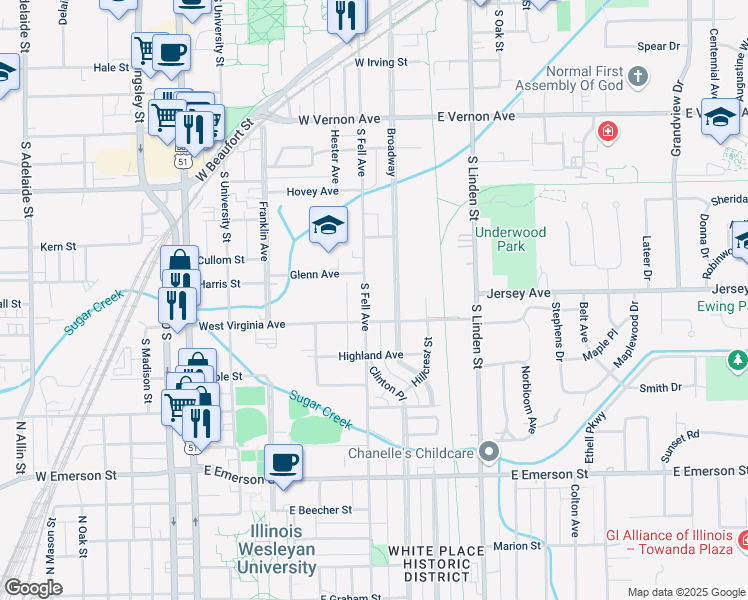 map of restaurants, bars, coffee shops, grocery stores, and more near 1112 South Fell Avenue in Normal