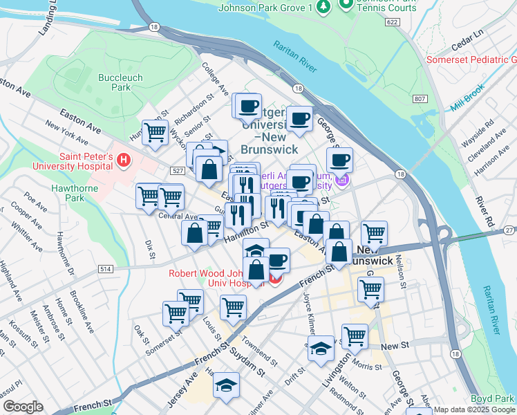 map of restaurants, bars, coffee shops, grocery stores, and more near 92 Easton Avenue in New Brunswick