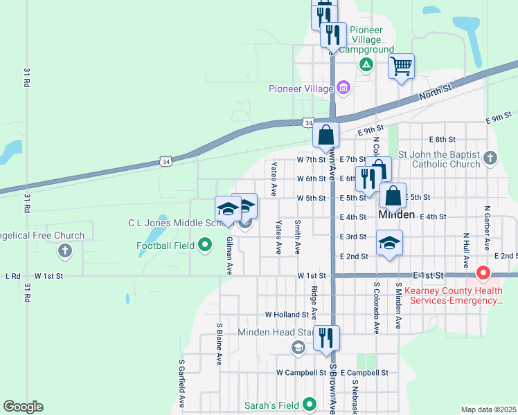 map of restaurants, bars, coffee shops, grocery stores, and more near 427 Park Avenue in Minden