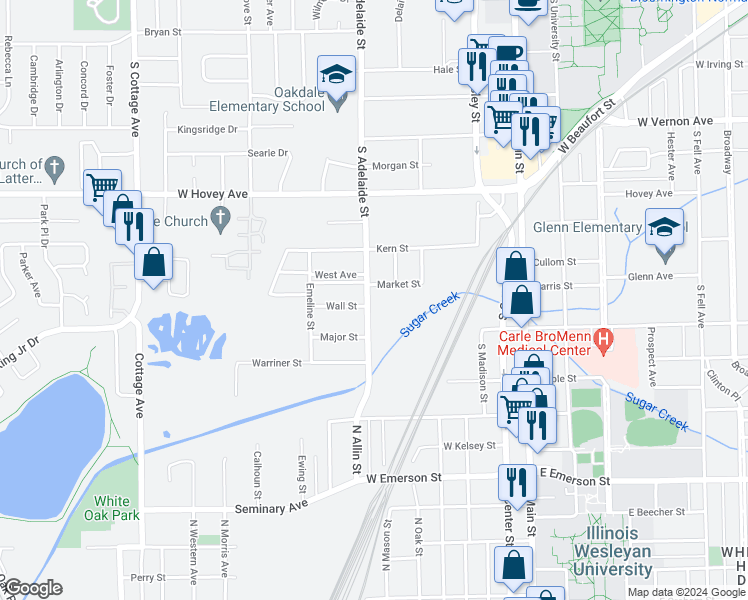 map of restaurants, bars, coffee shops, grocery stores, and more near 1106 South Adelaide Street in Normal