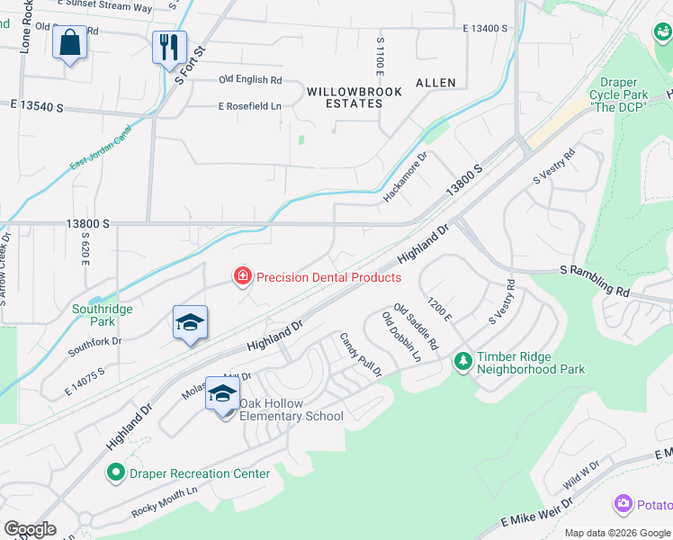 map of restaurants, bars, coffee shops, grocery stores, and more near Porter Rockwell Trail in Draper