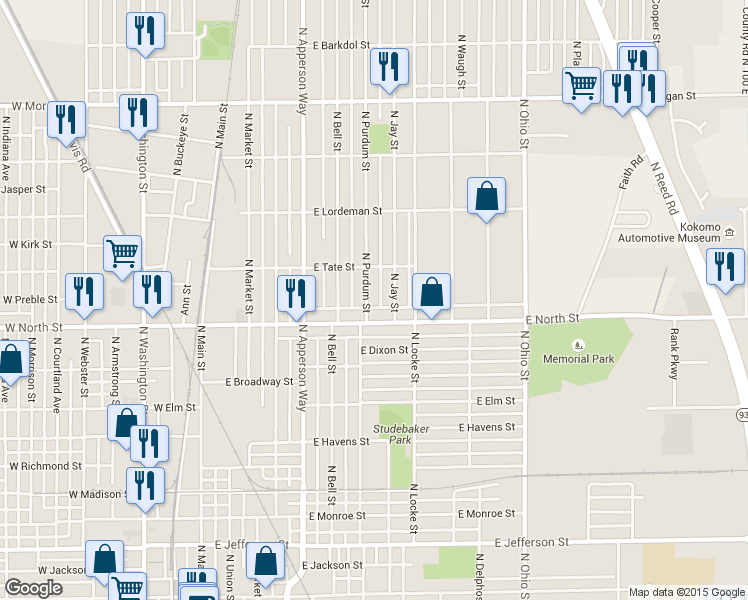 map of restaurants, bars, coffee shops, grocery stores, and more near 1316 North Purdum Street in Kokomo