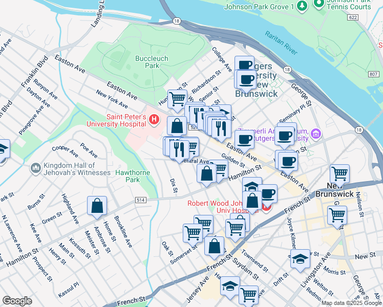 map of restaurants, bars, coffee shops, grocery stores, and more near 38 Delafield Street in New Brunswick