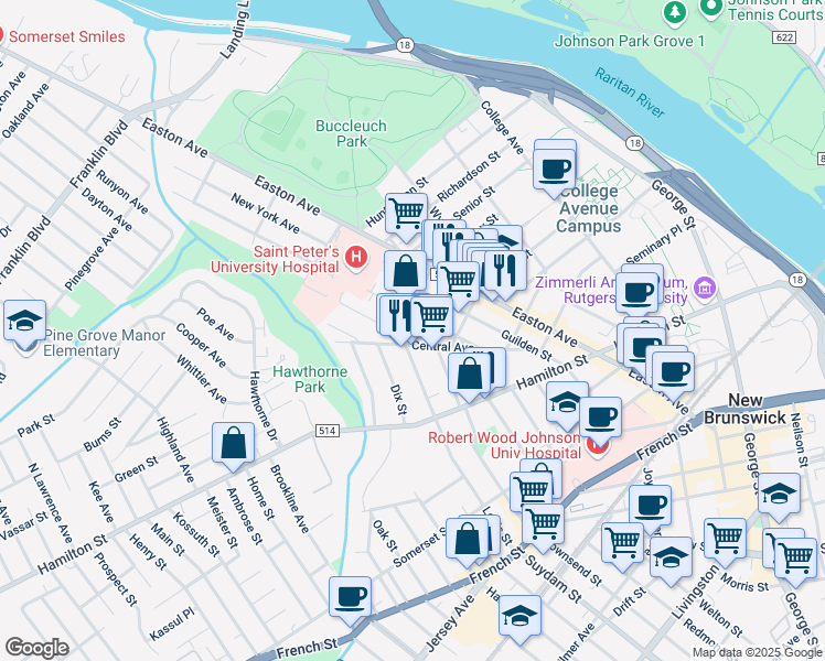 map of restaurants, bars, coffee shops, grocery stores, and more near 84 Central Avenue in New Brunswick