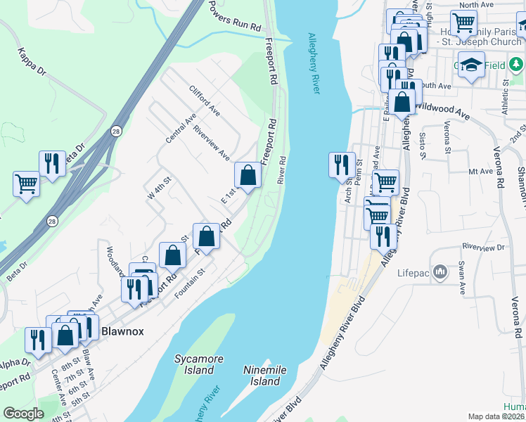 map of restaurants, bars, coffee shops, grocery stores, and more near 1 River Rd in Pittsburgh