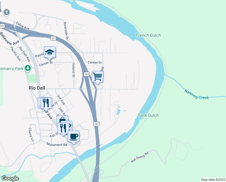 map of restaurants, bars, coffee shops, grocery stores, and more near 545 Davis Street in Rio Dell
