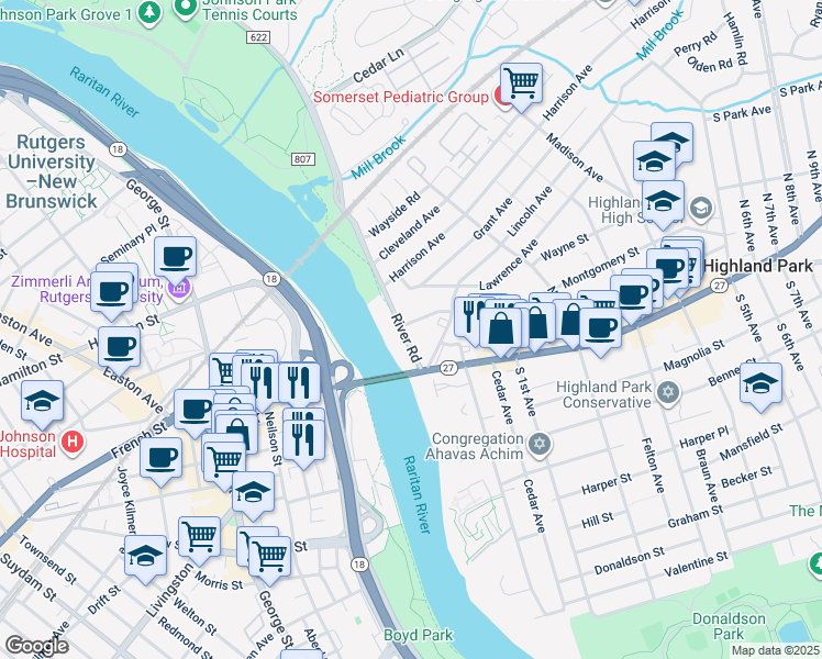 map of restaurants, bars, coffee shops, grocery stores, and more near 20-40 River Road in Highland Park