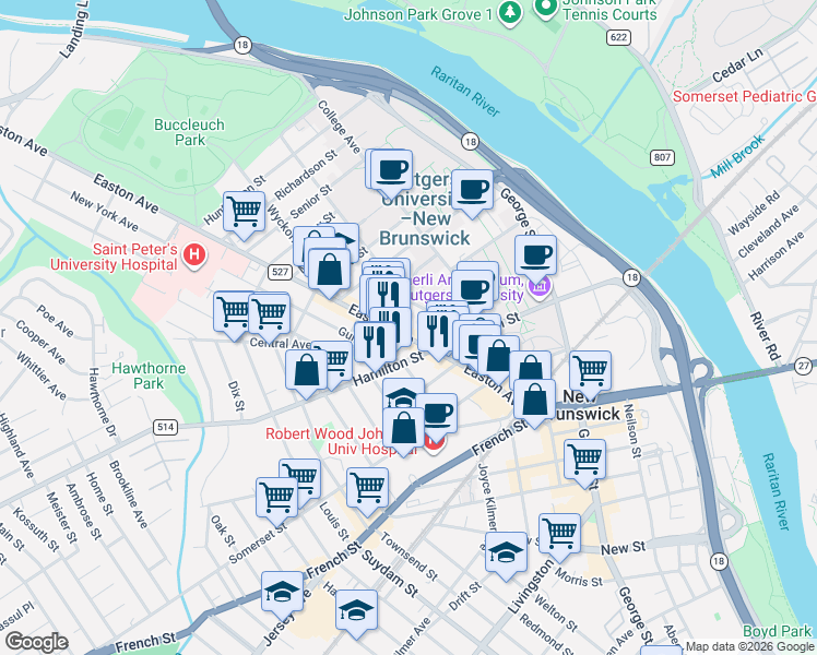 map of restaurants, bars, coffee shops, grocery stores, and more near 92 Easton Avenue in New Brunswick