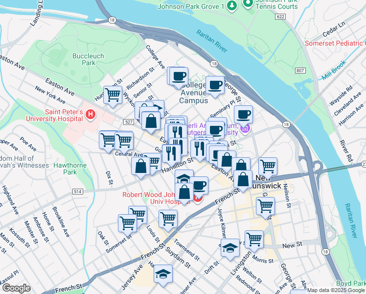 map of restaurants, bars, coffee shops, grocery stores, and more near 92 Easton Avenue in New Brunswick
