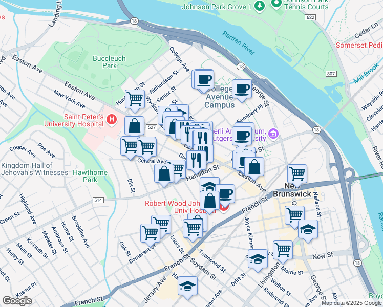map of restaurants, bars, coffee shops, grocery stores, and more near 15 Guilden Street in New Brunswick