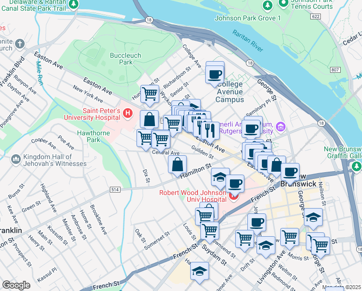 map of restaurants, bars, coffee shops, grocery stores, and more near 35 Central Avenue in New Brunswick