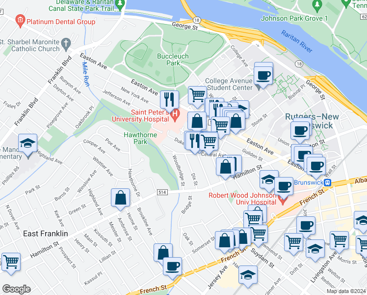 map of restaurants, bars, coffee shops, grocery stores, and more near 96 Central Avenue in New Brunswick