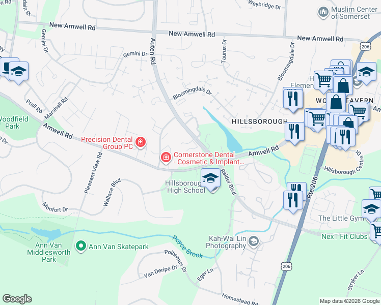 map of restaurants, bars, coffee shops, grocery stores, and more near 473 Amwell Road in Somerset County