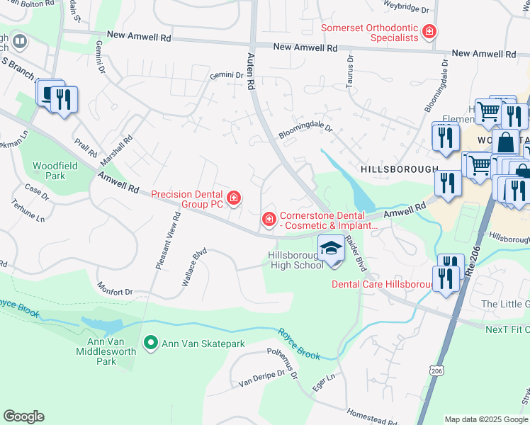 map of restaurants, bars, coffee shops, grocery stores, and more near 485 Amwell Road in Somerset County