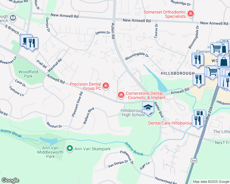 map of restaurants, bars, coffee shops, grocery stores, and more near 487 Amwell Road in Somerset County