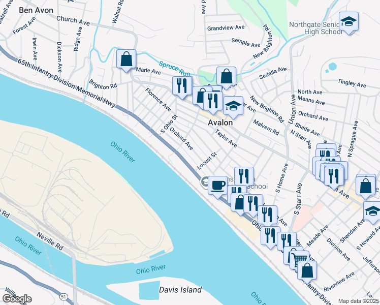 map of restaurants, bars, coffee shops, grocery stores, and more near 711 Ohio River Boulevard in Pittsburgh