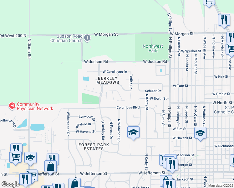 map of restaurants, bars, coffee shops, grocery stores, and more near 1718 Kensington on Berkley in Kokomo