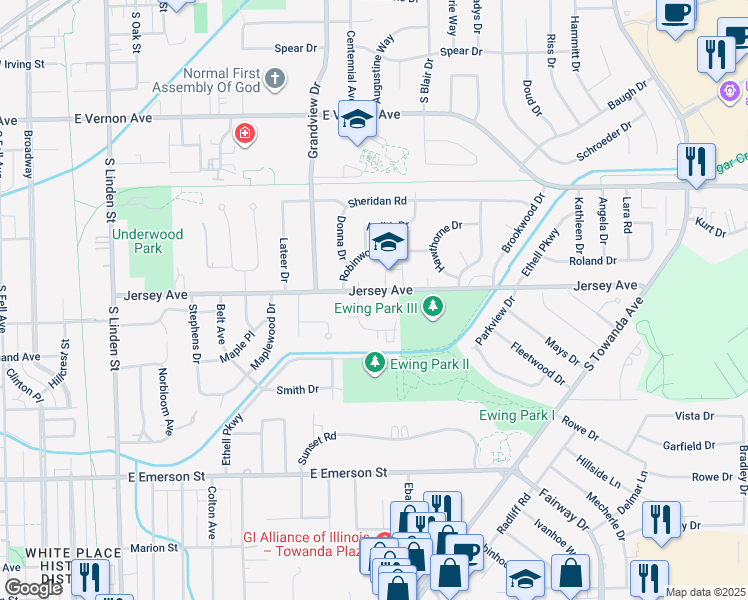 map of restaurants, bars, coffee shops, grocery stores, and more near 112 Eisenhower Drive in Bloomington