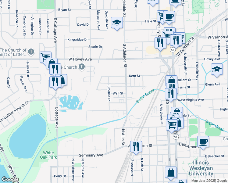 map of restaurants, bars, coffee shops, grocery stores, and more near 1209 Wall Street in Normal