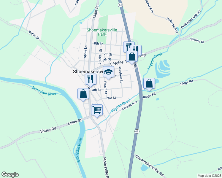 map of restaurants, bars, coffee shops, grocery stores, and more near 201 4th Street in Shoemakersville