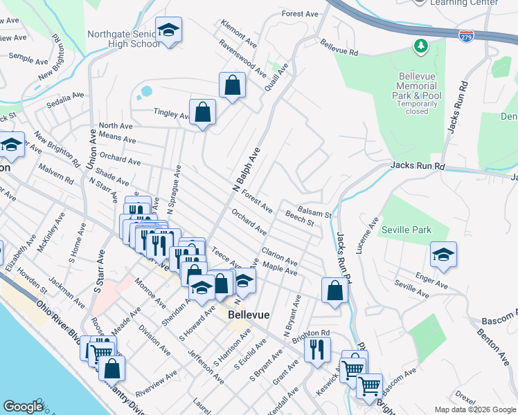 map of restaurants, bars, coffee shops, grocery stores, and more near 147 North Fremont Avenue in Pittsburgh