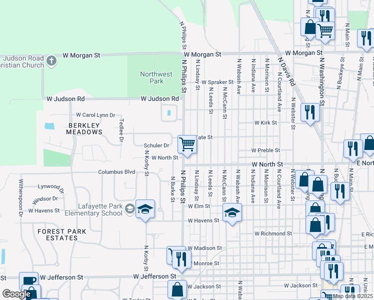map of restaurants, bars, coffee shops, grocery stores, and more near 1406 North Philips Street in Kokomo
