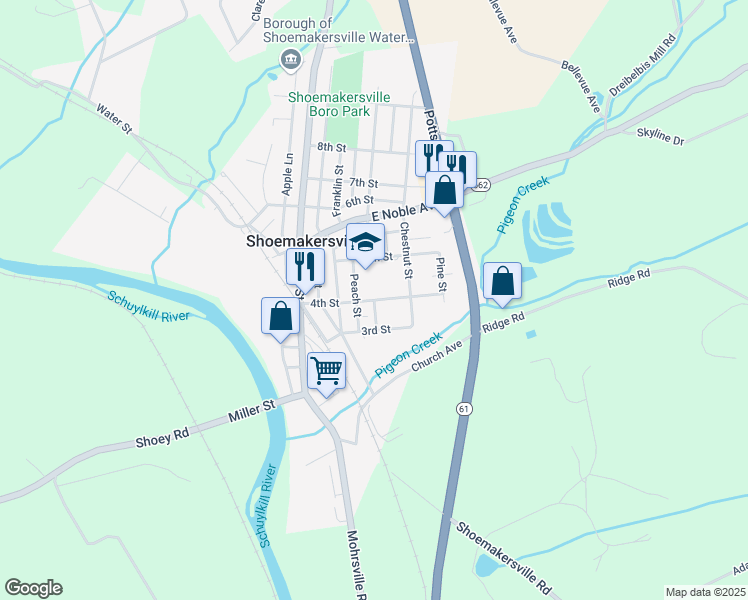 map of restaurants, bars, coffee shops, grocery stores, and more near 201 4th Street in Shoemakersville