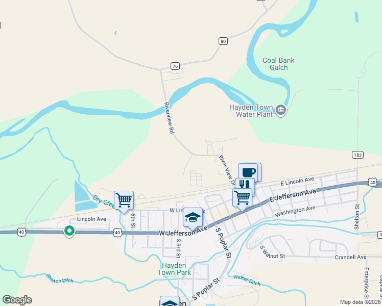 map of restaurants, bars, coffee shops, grocery stores, and more near County Road 80 in Hayden