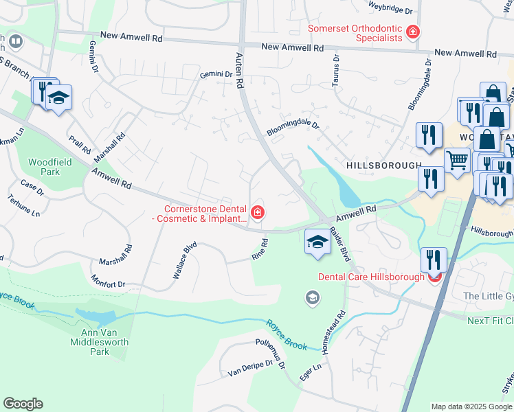 map of restaurants, bars, coffee shops, grocery stores, and more near 806 Eves Drive in Hillsborough Township