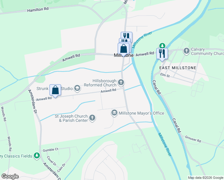 map of restaurants, bars, coffee shops, grocery stores, and more near 26 Amwell Road in Millstone