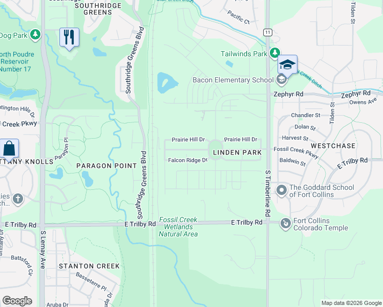 map of restaurants, bars, coffee shops, grocery stores, and more near 1803 Falcon Ridge Drive in Fort Collins