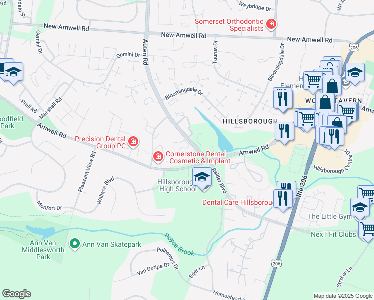map of restaurants, bars, coffee shops, grocery stores, and more near 469 Amwell Road in Somerset County