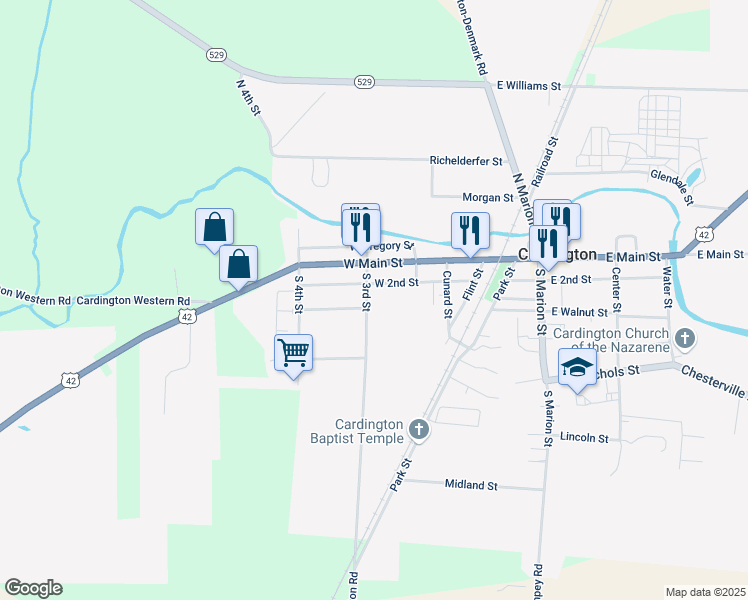 map of restaurants, bars, coffee shops, grocery stores, and more near 137 South 3rd Street in Cardington