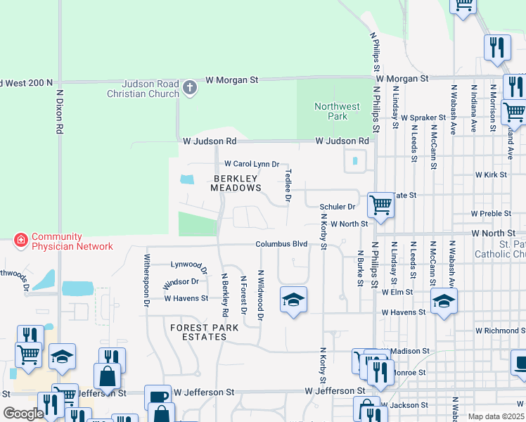 map of restaurants, bars, coffee shops, grocery stores, and more near 1718 Kensington on Berkley in Kokomo