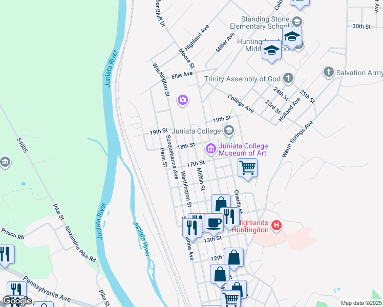 map of restaurants, bars, coffee shops, grocery stores, and more near 1718 Mifflin Street in Huntingdon