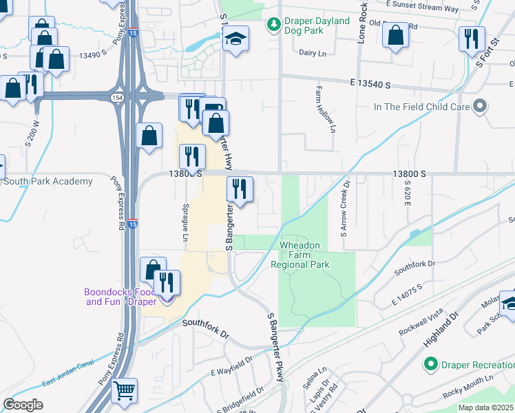 map of restaurants, bars, coffee shops, grocery stores, and more near 13906 South Rockwell View Lane in Draper