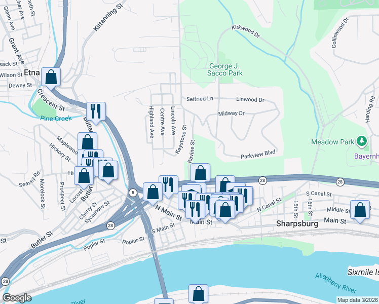 map of restaurants, bars, coffee shops, grocery stores, and more near 17 Ravine Street in Pittsburgh
