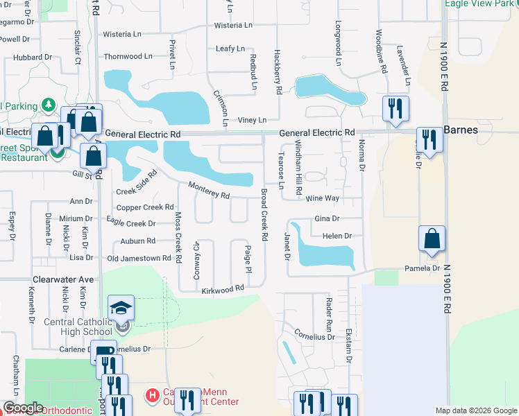 map of restaurants, bars, coffee shops, grocery stores, and more near 1304 Broad Creek Road in Bloomington