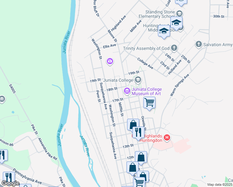 map of restaurants, bars, coffee shops, grocery stores, and more near 1718 Mifflin Street in Huntingdon