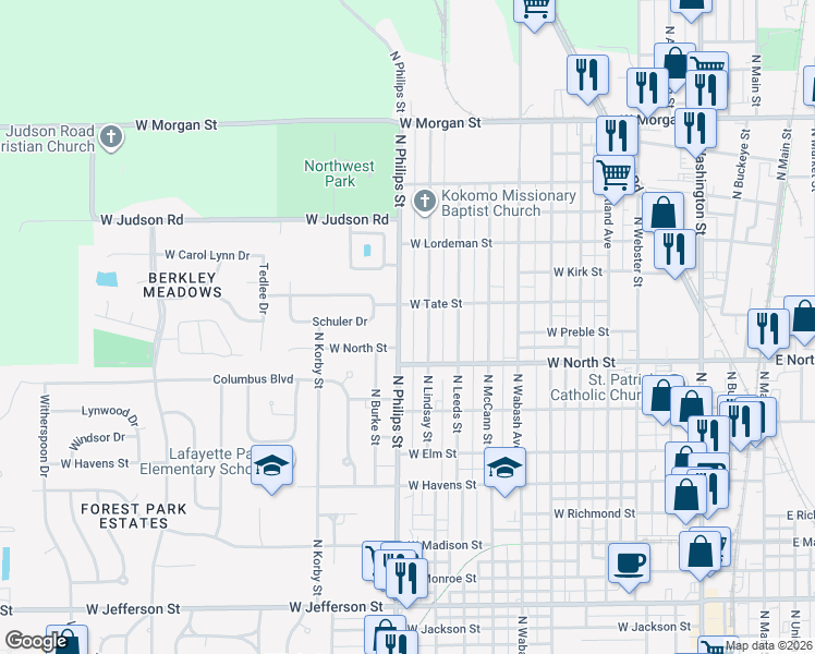 map of restaurants, bars, coffee shops, grocery stores, and more near 1313 North Lindsay Street in Kokomo
