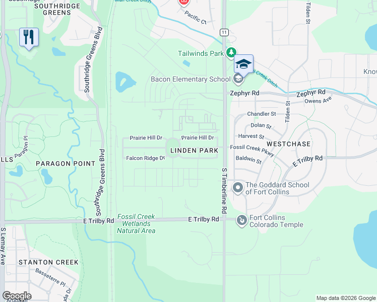 map of restaurants, bars, coffee shops, grocery stores, and more near 1939 Falcon Ridge Drive in Fort Collins