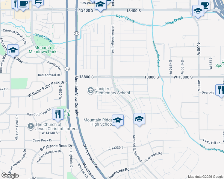 map of restaurants, bars, coffee shops, grocery stores, and more near 13882 Big Ridge Lane in Herriman